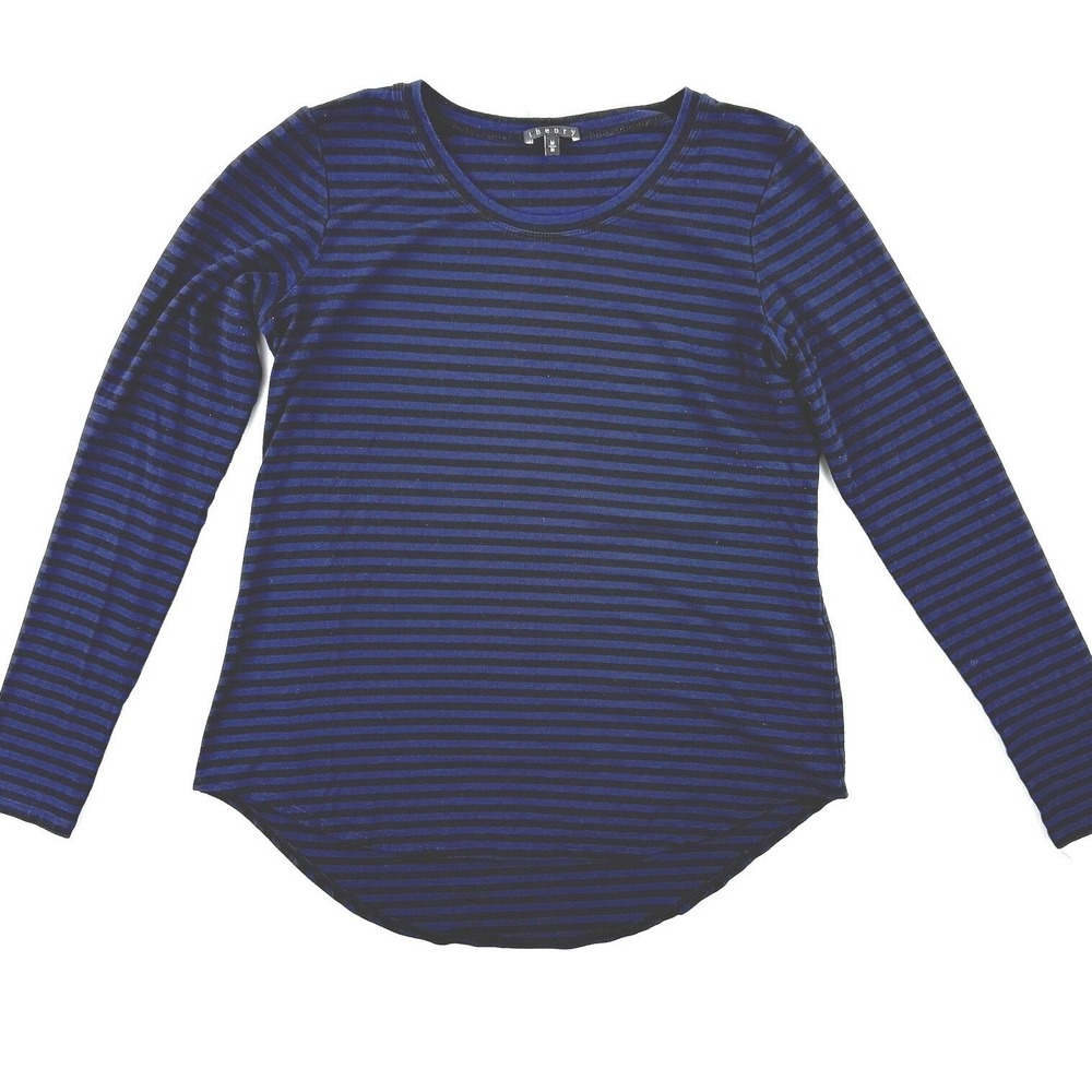 Theory Striped Shirt / Size M Womens / Blue Black Long Sleeve USA Made Stretch